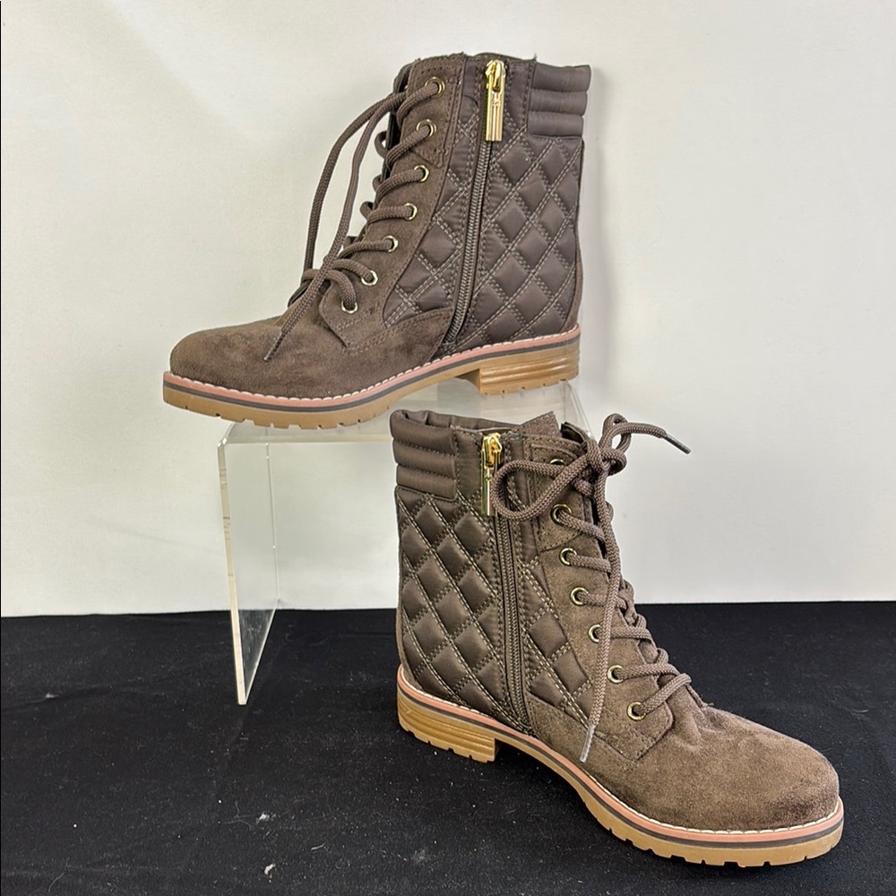 Tommy Hilfiger Brown Quilted Lace-Up Combat Boots with Gold Zip